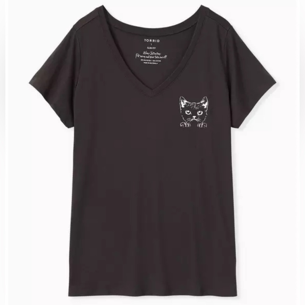 Torrid Slim Fit Vee Neck Tee Cat In Pocket- Black